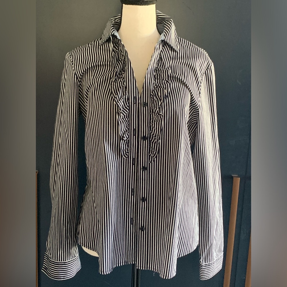 Striped white and navy women’s striped blouse. Petite medium.